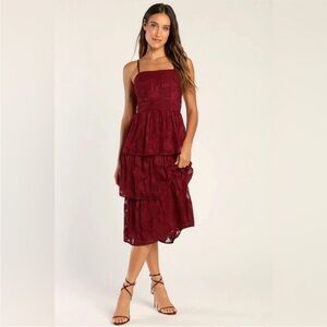 Burgundy Tired Ruffle Midi Dress